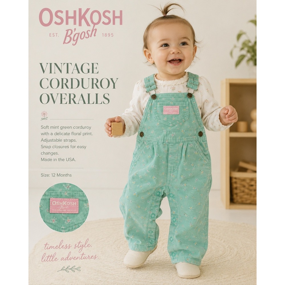 Vintage OshKosh Bgosh Mint Green Floral Corduroy Overalls 12M Made in USA